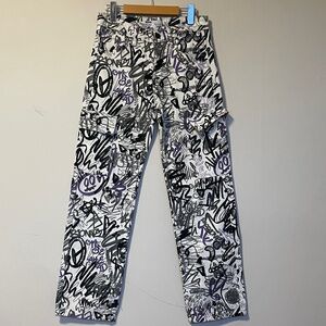 Bershka Graffiti Print Cargo Pants White Black Purple Size 2